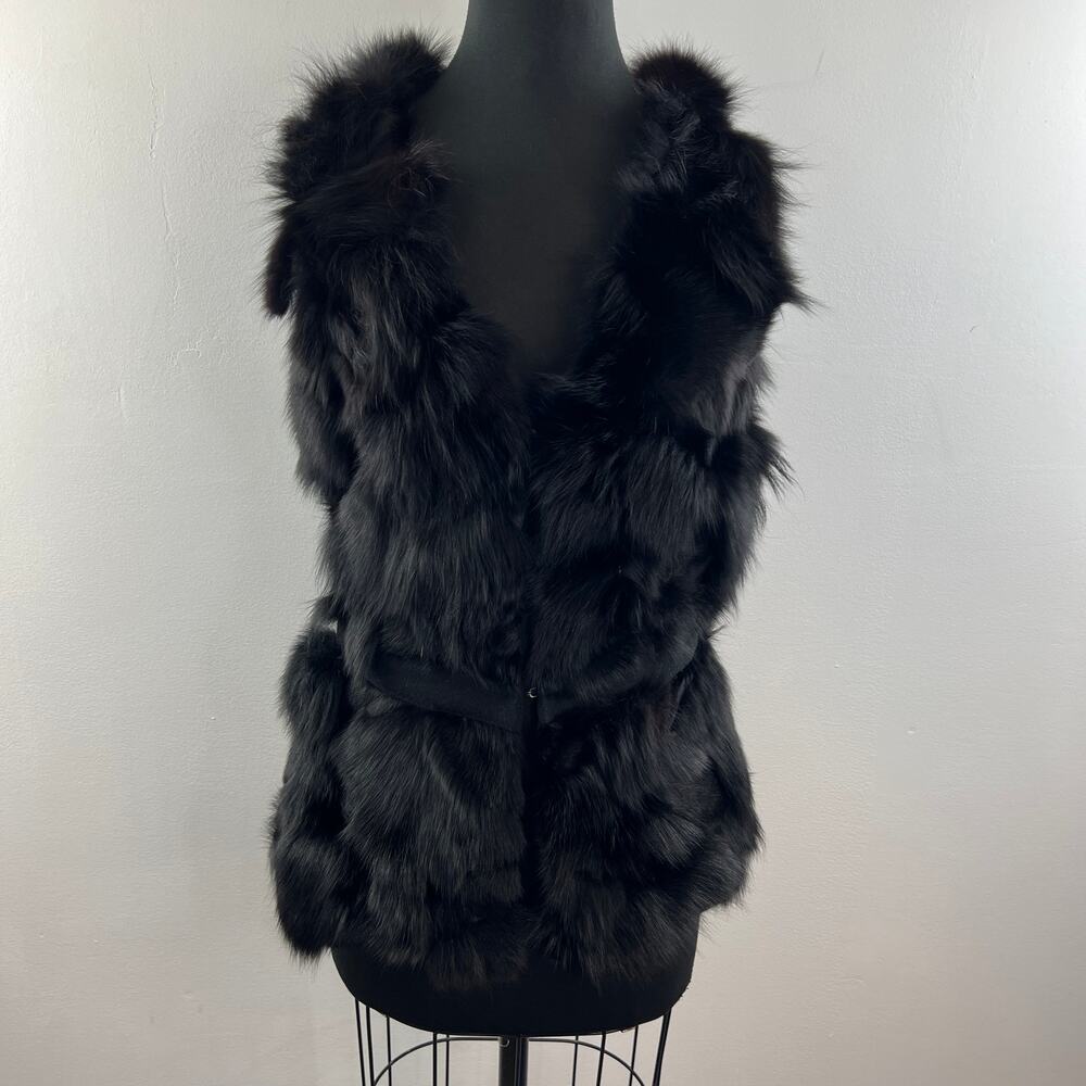 The Cue By Cher Qu Black Fur Vest Fitted Waist Hook & Eye V-Neck Size S Small View 2
